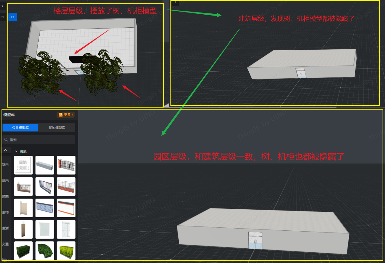 森园区中，摆放好的模型退出当前层级之后为什么看不到